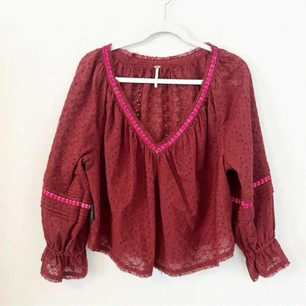 Free people darcy eyelet‎ oversized 100% Burgundy Red Blouse XS